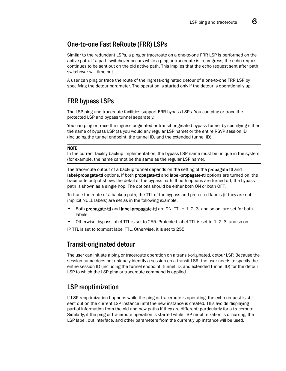 One-to-one fast reroute (frr) lsps, Frr bypass lsps, Transit-originated detour | Lsp reoptimization | Brocade Multi-Service IronWare Administration Guide (Supporting R05.6.00) User Manual | Page 231 / 432