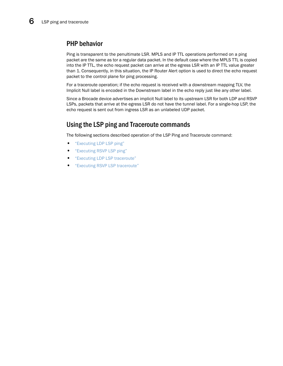 Php behavior, Using the lsp ping and traceroute commands | Brocade Multi-Service IronWare Administration Guide (Supporting R05.6.00) User Manual | Page 232 / 432