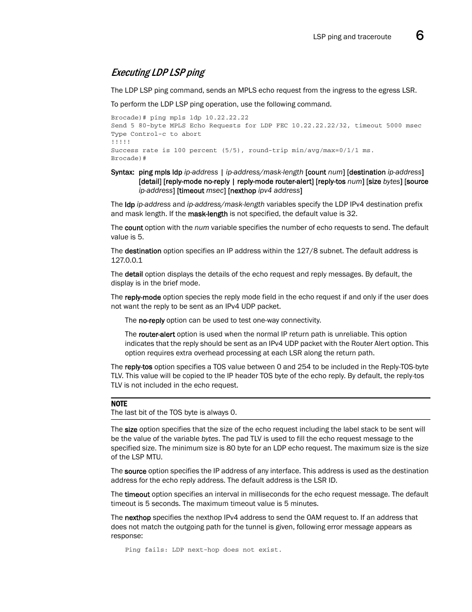 Executing ldp lsp ping | Brocade Multi-Service IronWare Administration Guide (Supporting R05.6.00) User Manual | Page 233 / 432