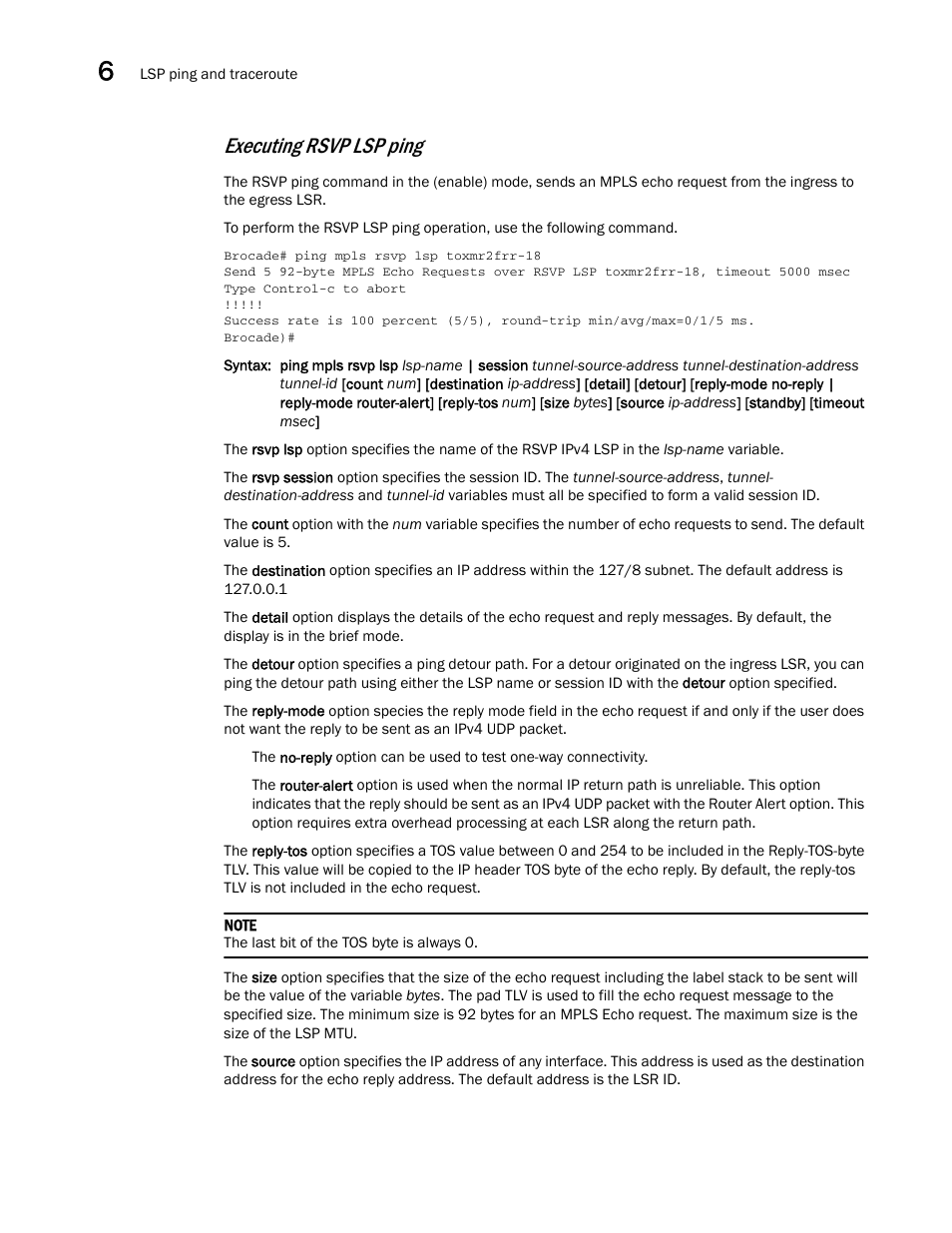 Executing rsvp lsp ping | Brocade Multi-Service IronWare Administration Guide (Supporting R05.6.00) User Manual | Page 234 / 432