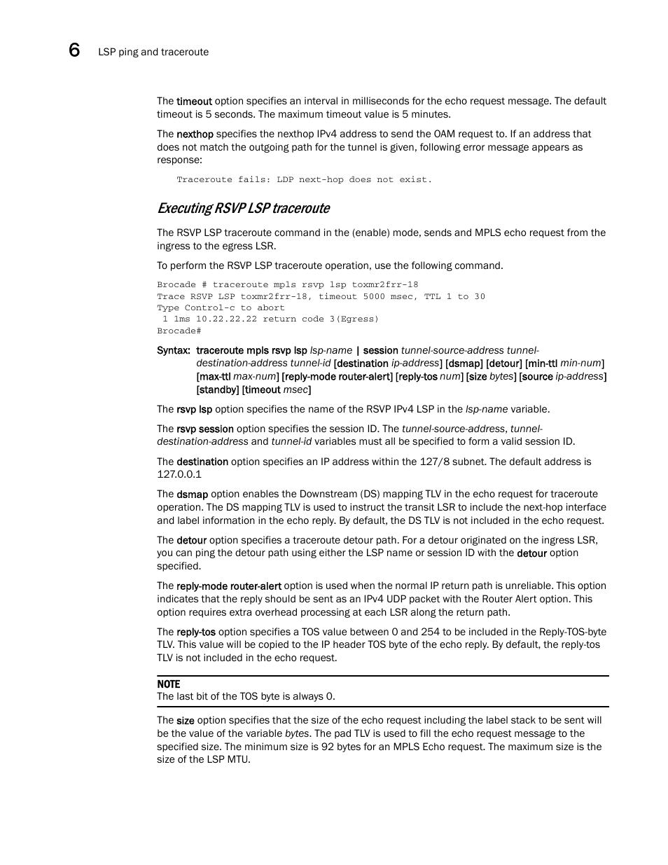 Executing rsvp lsp traceroute | Brocade Multi-Service IronWare Administration Guide (Supporting R05.6.00) User Manual | Page 236 / 432