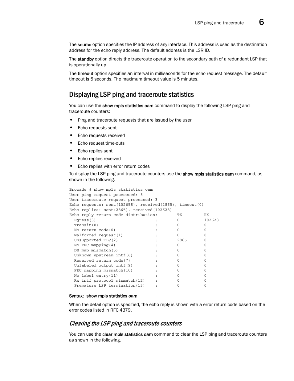 Displaying lsp ping and traceroute statistics, Clearing the lsp ping and traceroute counters | Brocade Multi-Service IronWare Administration Guide (Supporting R05.6.00) User Manual | Page 237 / 432