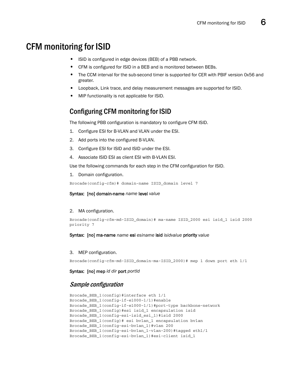 Cfm monitoring for isid, Configuring cfm monitoring for isid, Sample configuration | Brocade Multi-Service IronWare Administration Guide (Supporting R05.6.00) User Manual | Page 239 / 432