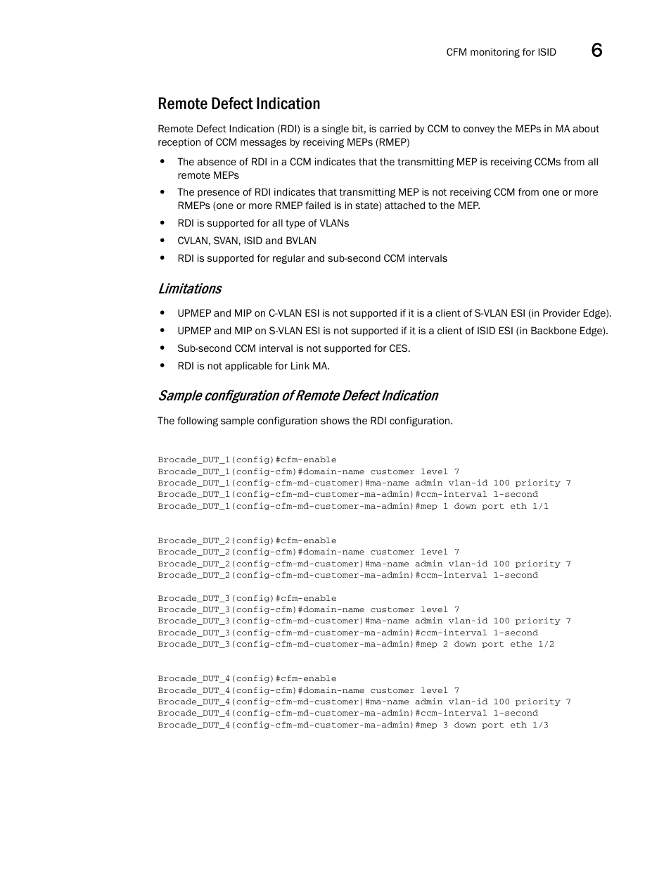 Remote defect indication, Limitations, Sample configuration of remote defect indication | Brocade Multi-Service IronWare Administration Guide (Supporting R05.6.00) User Manual | Page 249 / 432