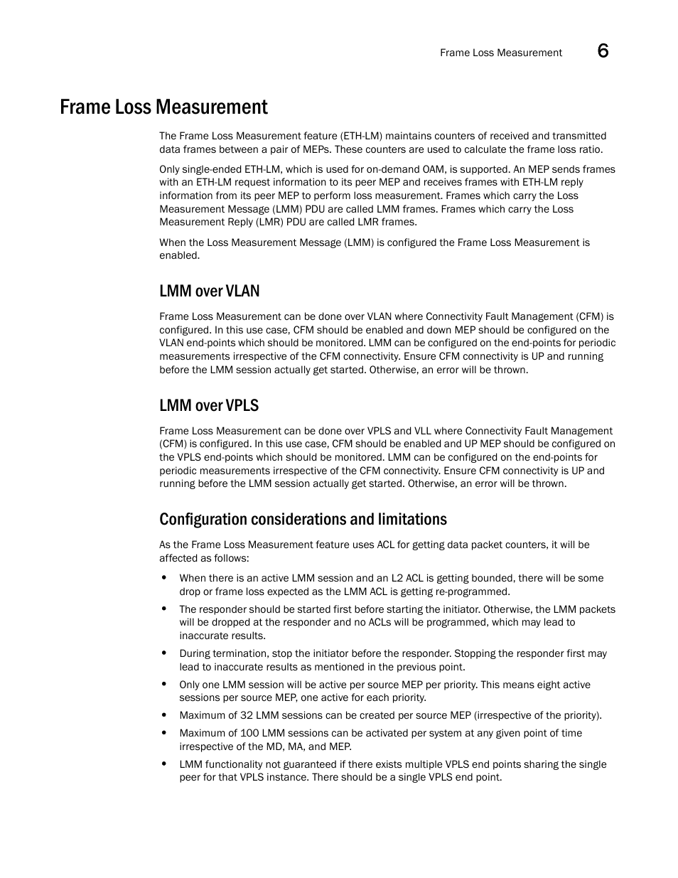 Frame loss measurement, Lmm over vlan, Lmm over vpls | Configuration considerations and limitations | Brocade Multi-Service IronWare Administration Guide (Supporting R05.6.00) User Manual | Page 251 / 432