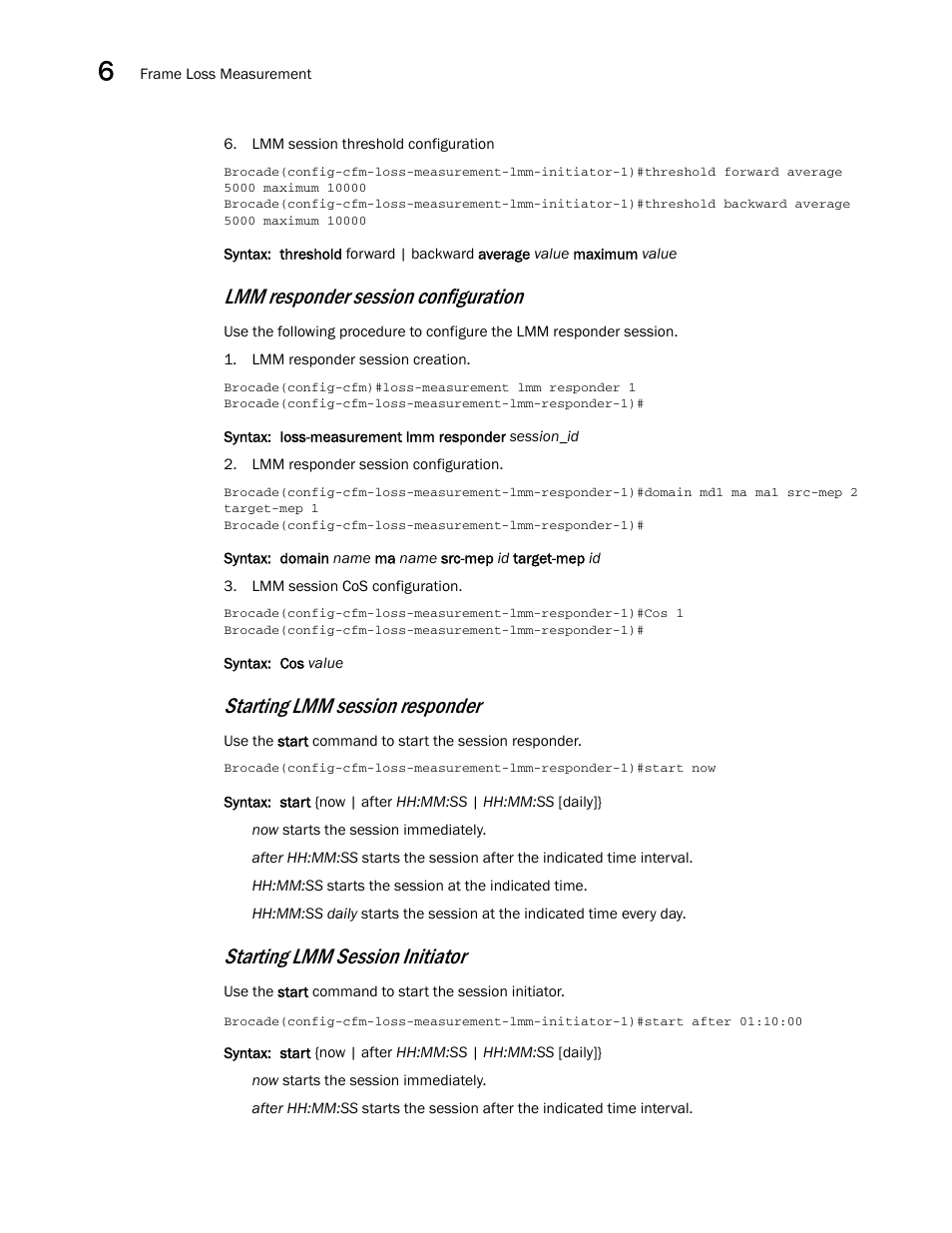 Lmm responder session configuration, Starting lmm session responder, Starting lmm session initiator | Brocade Multi-Service IronWare Administration Guide (Supporting R05.6.00) User Manual | Page 254 / 432