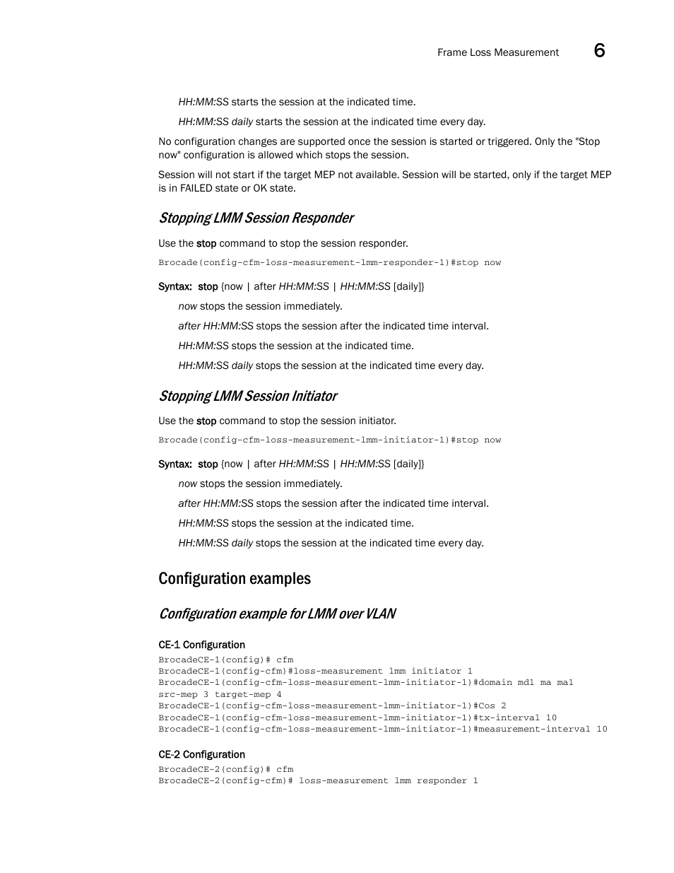 Configuration examples, Stopping lmm session responder, Stopping lmm session initiator | Configuration example for lmm over vlan | Brocade Multi-Service IronWare Administration Guide (Supporting R05.6.00) User Manual | Page 255 / 432