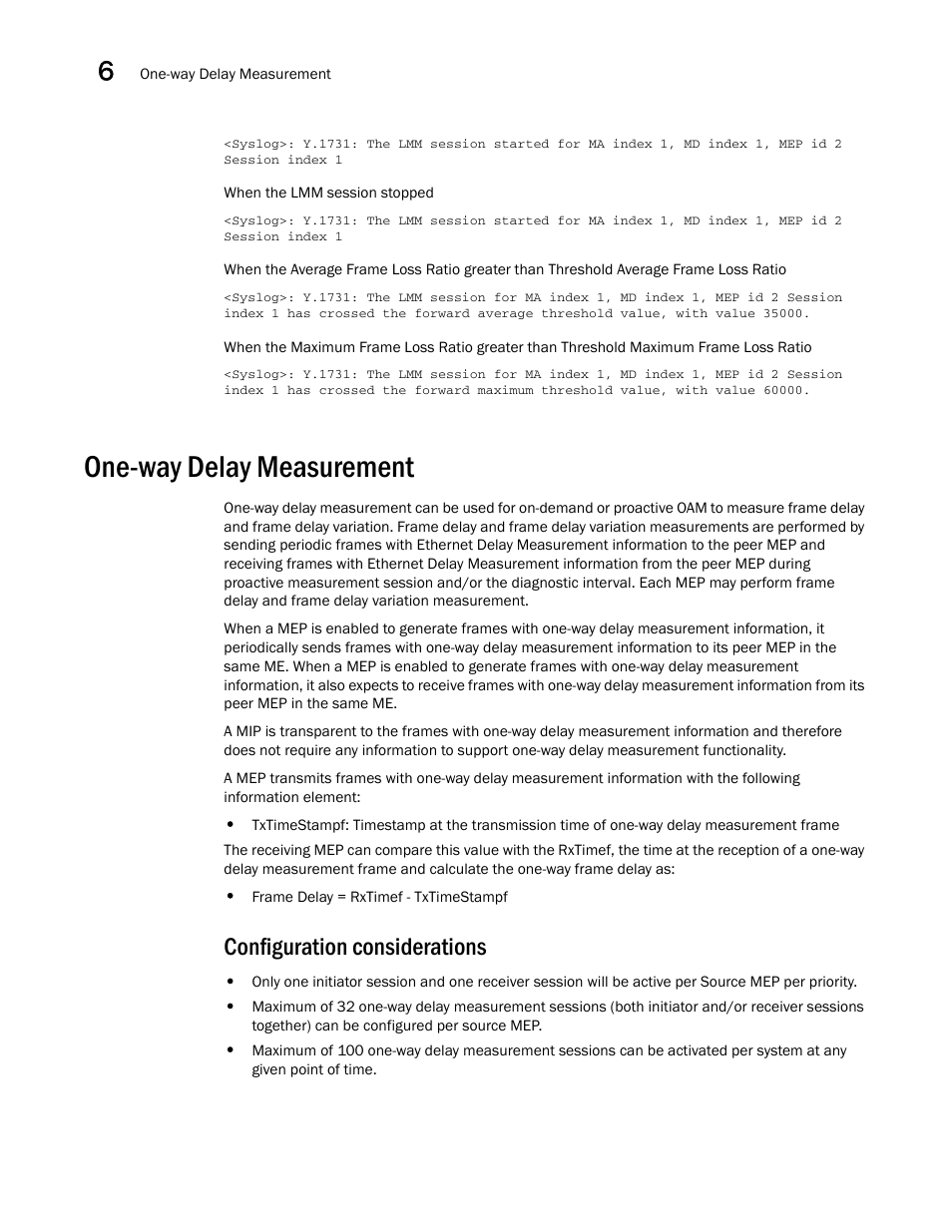 One-way delay measurement, Configuration considerations | Brocade Multi-Service IronWare Administration Guide (Supporting R05.6.00) User Manual | Page 258 / 432