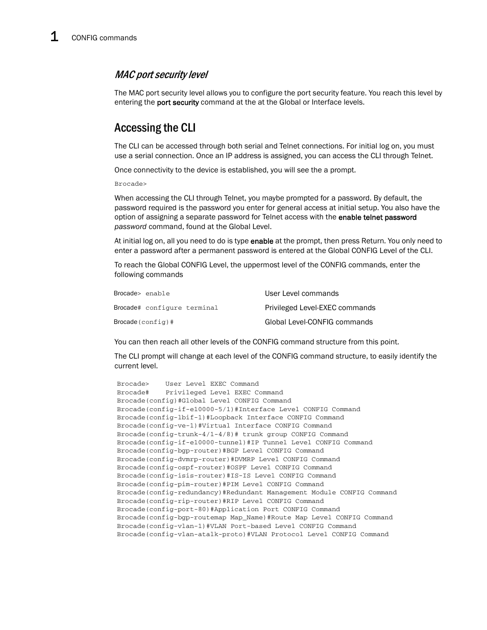 Accessing the cli, Mac port security level | Brocade Multi-Service IronWare Administration Guide (Supporting R05.6.00) User Manual | Page 26 / 432
