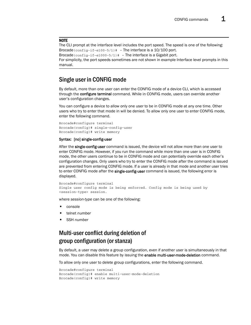 Single user in config mode | Brocade Multi-Service IronWare Administration Guide (Supporting R05.6.00) User Manual | Page 27 / 432
