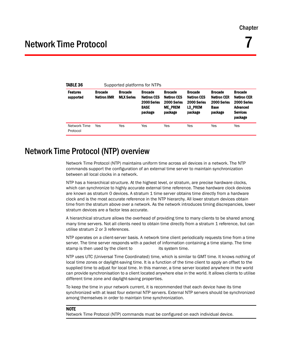 Network time protocol, Network time protocol (ntp) overview, Chapter 7 | Chapter | Brocade Multi-Service IronWare Administration Guide (Supporting R05.6.00) User Manual | Page 279 / 432