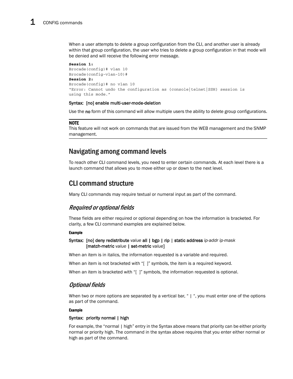 Navigating among command levels, Cli command structure, Required or optional fields | Optional fields | Brocade Multi-Service IronWare Administration Guide (Supporting R05.6.00) User Manual | Page 28 / 432