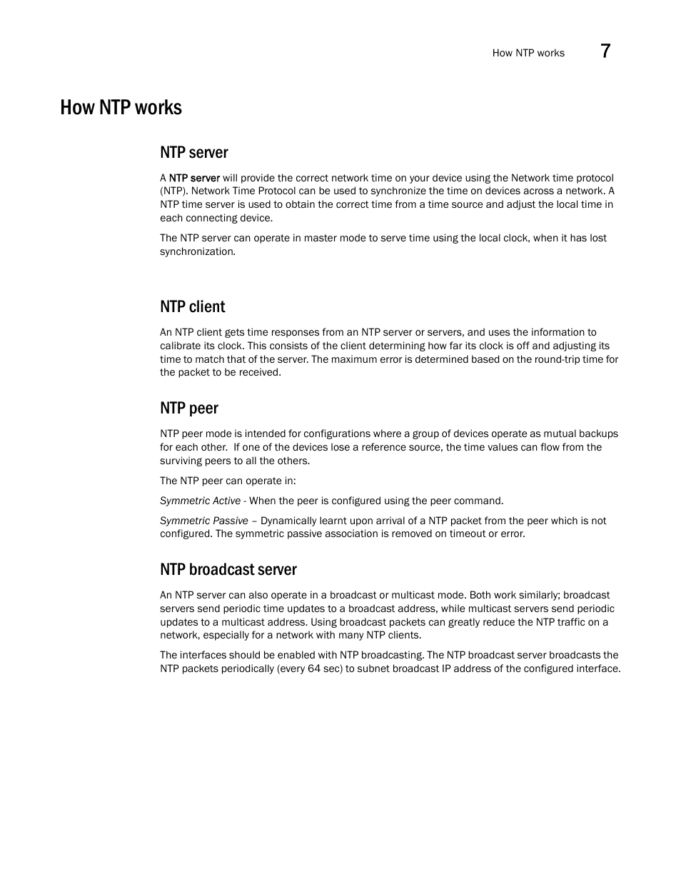 How ntp works, Ntp server, Ntp client | Ntp peer, Ntp broadcast server | Brocade Multi-Service IronWare Administration Guide (Supporting R05.6.00) User Manual | Page 281 / 432