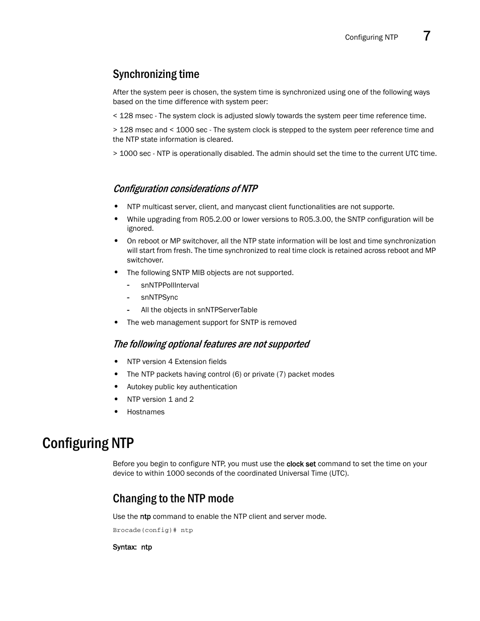 Synchronizing time, Configuring ntp, Changing to the ntp mode | Configuration considerations of ntp, The following optional features are not supported | Brocade Multi-Service IronWare Administration Guide (Supporting R05.6.00) User Manual | Page 283 / 432