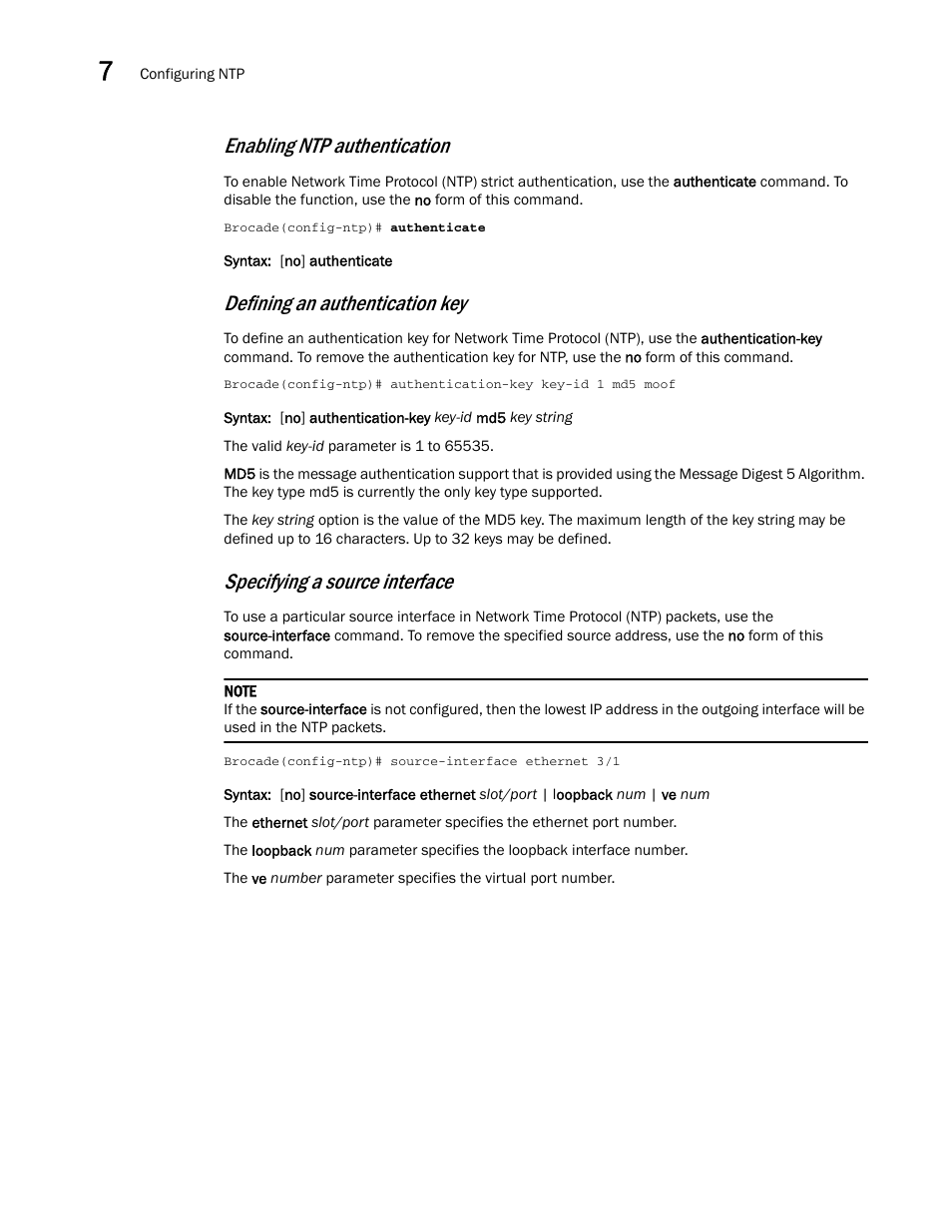 Enabling ntp authentication, Defining an authentication key, Specifying a source interface | Brocade Multi-Service IronWare Administration Guide (Supporting R05.6.00) User Manual | Page 284 / 432