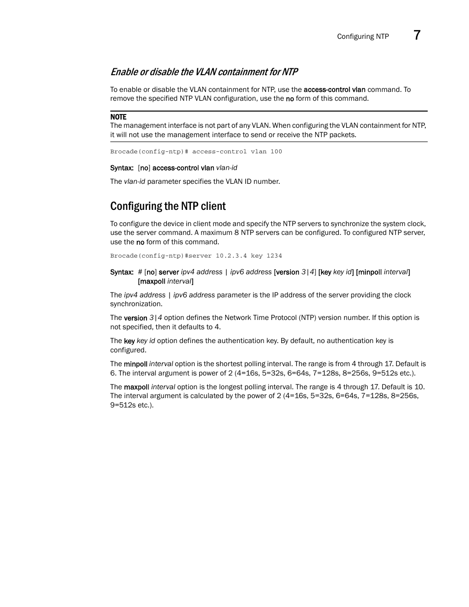 Configuring the ntp client, Enable or disable the vlan containment for ntp | Brocade Multi-Service IronWare Administration Guide (Supporting R05.6.00) User Manual | Page 285 / 432
