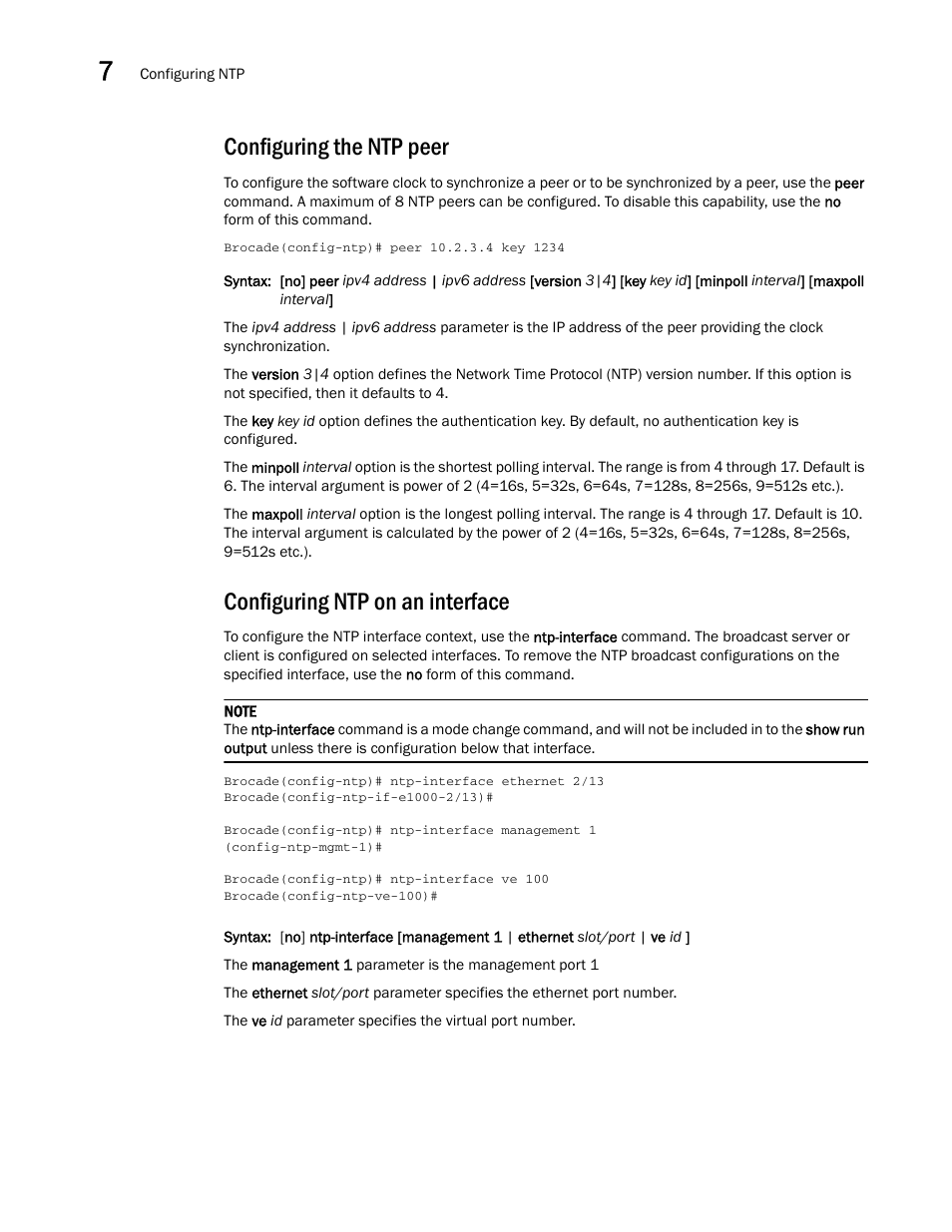 Configuring the ntp peer, Configuring ntp on an interface | Brocade Multi-Service IronWare Administration Guide (Supporting R05.6.00) User Manual | Page 286 / 432