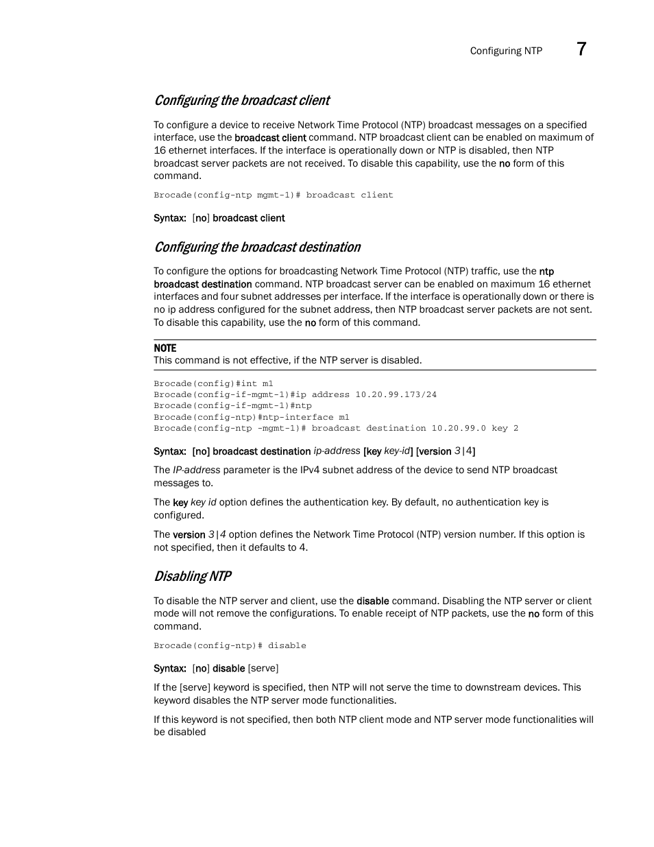 Configuring the broadcast client, Configuring the broadcast destination, Disabling ntp | Brocade Multi-Service IronWare Administration Guide (Supporting R05.6.00) User Manual | Page 287 / 432