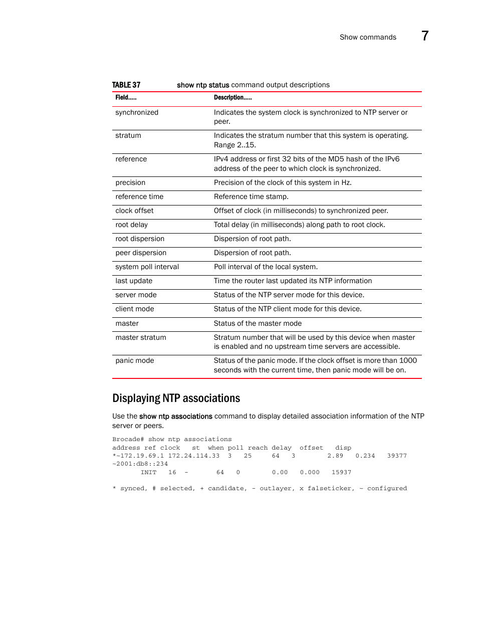 Displaying ntp associations | Brocade Multi-Service IronWare Administration Guide (Supporting R05.6.00) User Manual | Page 289 / 432