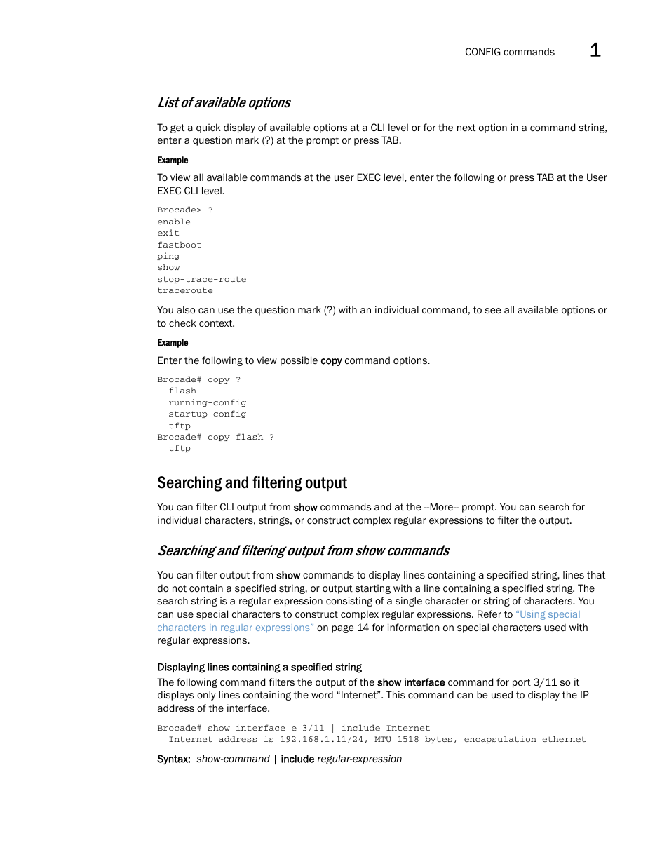 Searching and filtering output, List of available options, Searching and filtering output from show commands | Brocade Multi-Service IronWare Administration Guide (Supporting R05.6.00) User Manual | Page 29 / 432