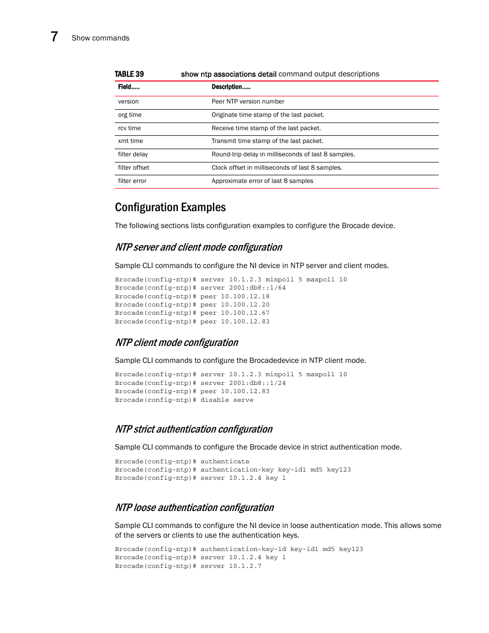 Configuration examples, Ntp server and client mode configuration, Ntp client mode configuration | Ntp strict authentication configuration, Ntp loose authentication configuration | Brocade Multi-Service IronWare Administration Guide (Supporting R05.6.00) User Manual | Page 292 / 432