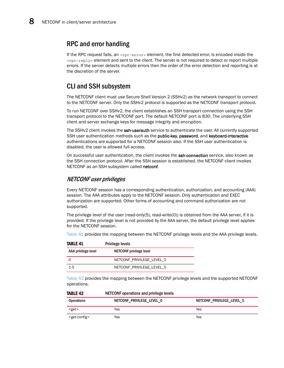 Rpc and error handling, Cli and ssh subsystem, Netconf user privileges | Brocade Multi-Service IronWare Administration Guide (Supporting R05.6.00) User Manual | Page 298 / 432