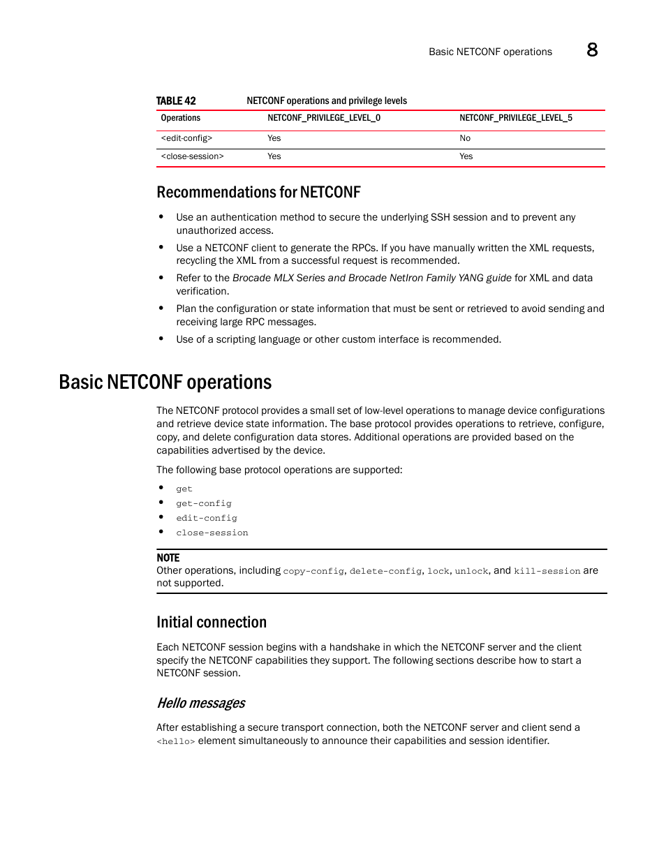 Recommendations for netconf, Basic netconf operations, Initial connection | Hello messages | Brocade Multi-Service IronWare Administration Guide (Supporting R05.6.00) User Manual | Page 299 / 432