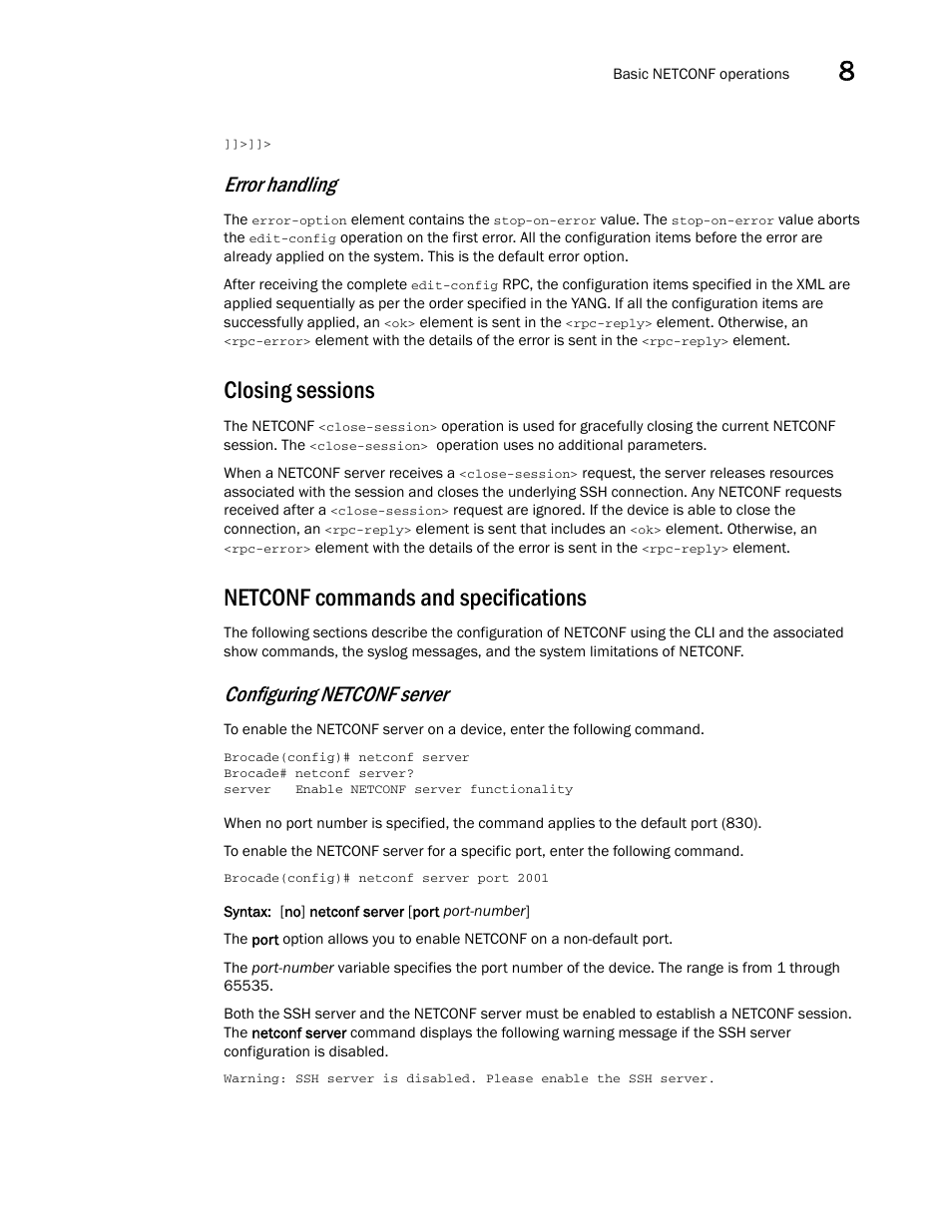 Closing sessions, Netconf commands and specifications, Error handling | Configuring netconf server | Brocade Multi-Service IronWare Administration Guide (Supporting R05.6.00) User Manual | Page 315 / 432