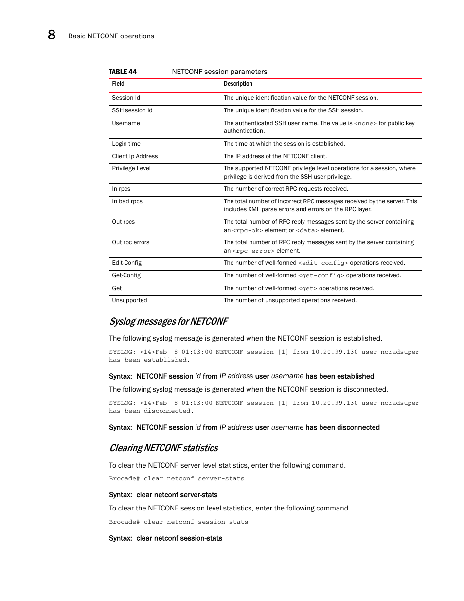 Syslog messages for netconf, Clearing netconf statistics | Brocade Multi-Service IronWare Administration Guide (Supporting R05.6.00) User Manual | Page 318 / 432
