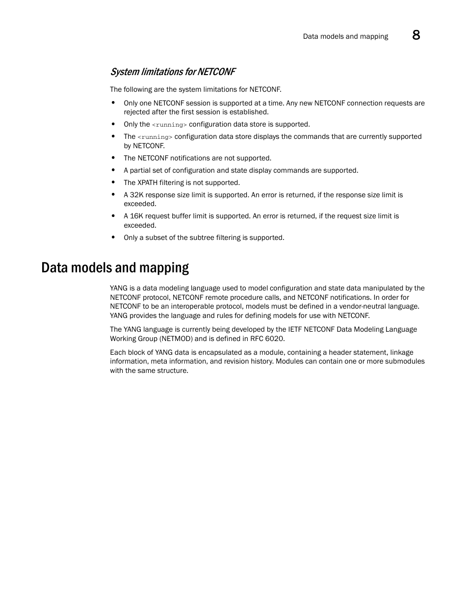 Data models and mapping, System limitations for netconf | Brocade Multi-Service IronWare Administration Guide (Supporting R05.6.00) User Manual | Page 319 / 432