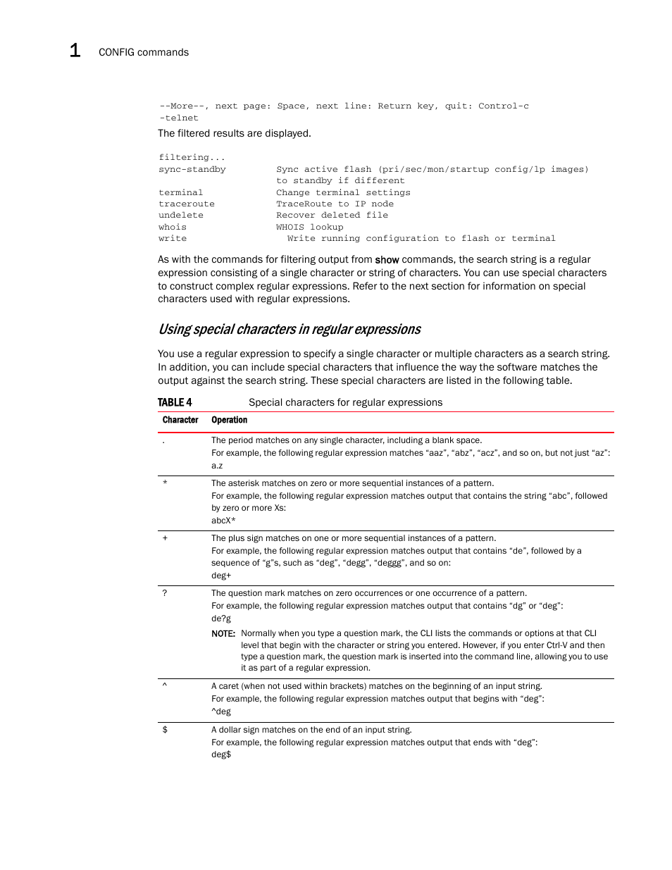 Using special, Characters in regular expressions, Using special characters in regular expressions | Brocade Multi-Service IronWare Administration Guide (Supporting R05.6.00) User Manual | Page 32 / 432