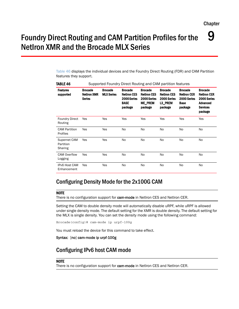 Configuring density mode for the 2x100g cam, Configuring ipv6 host cam mode, Chapter 9 | Xmr and the brocade mlx series, Chapter | Brocade Multi-Service IronWare Administration Guide (Supporting R05.6.00) User Manual | Page 321 / 432