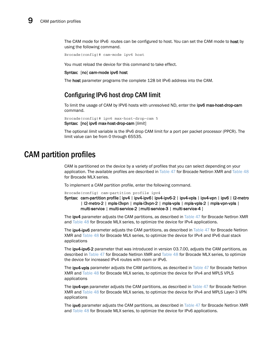Configuring ipv6 host drop cam limit, Cam partition profiles | Brocade Multi-Service IronWare Administration Guide (Supporting R05.6.00) User Manual | Page 322 / 432