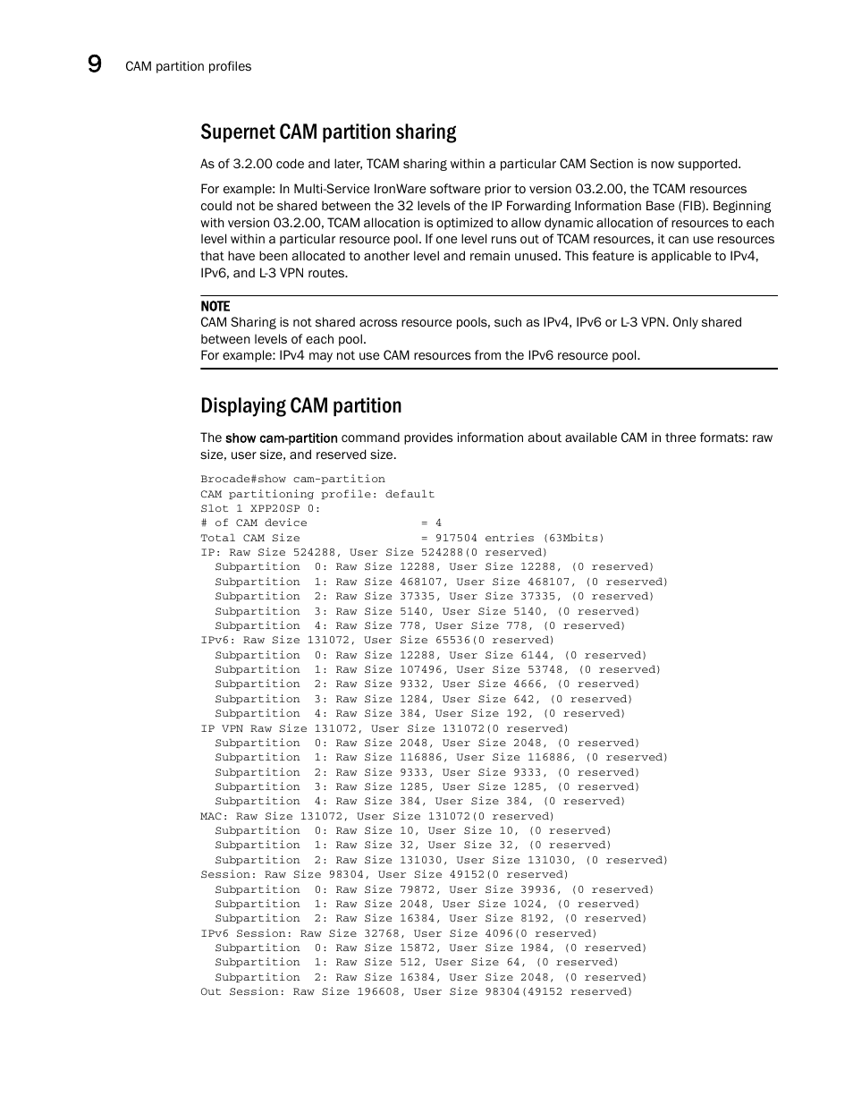 Supernet cam partition sharing, Displaying cam partition | Brocade Multi-Service IronWare Administration Guide (Supporting R05.6.00) User Manual | Page 330 / 432