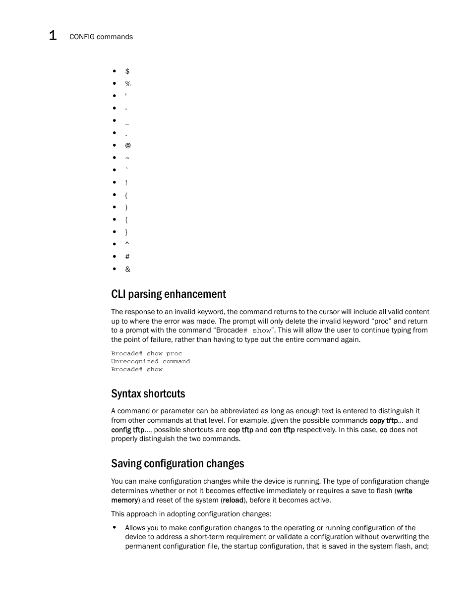 Cli parsing enhancement, Syntax shortcuts, Saving configuration changes | Brocade Multi-Service IronWare Administration Guide (Supporting R05.6.00) User Manual | Page 34 / 432