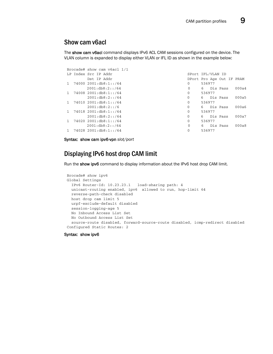 Show cam v6acl, Displaying ipv6 host drop cam limit | Brocade Multi-Service IronWare Administration Guide (Supporting R05.6.00) User Manual | Page 341 / 432