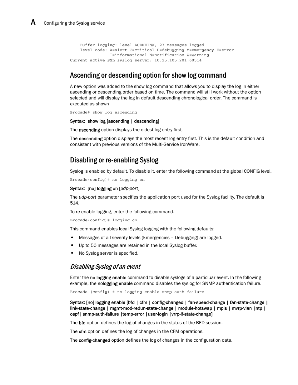 Disabling or re-enabling syslog, Disabling syslog of an event | Brocade Multi-Service IronWare Administration Guide (Supporting R05.6.00) User Manual | Page 354 / 432