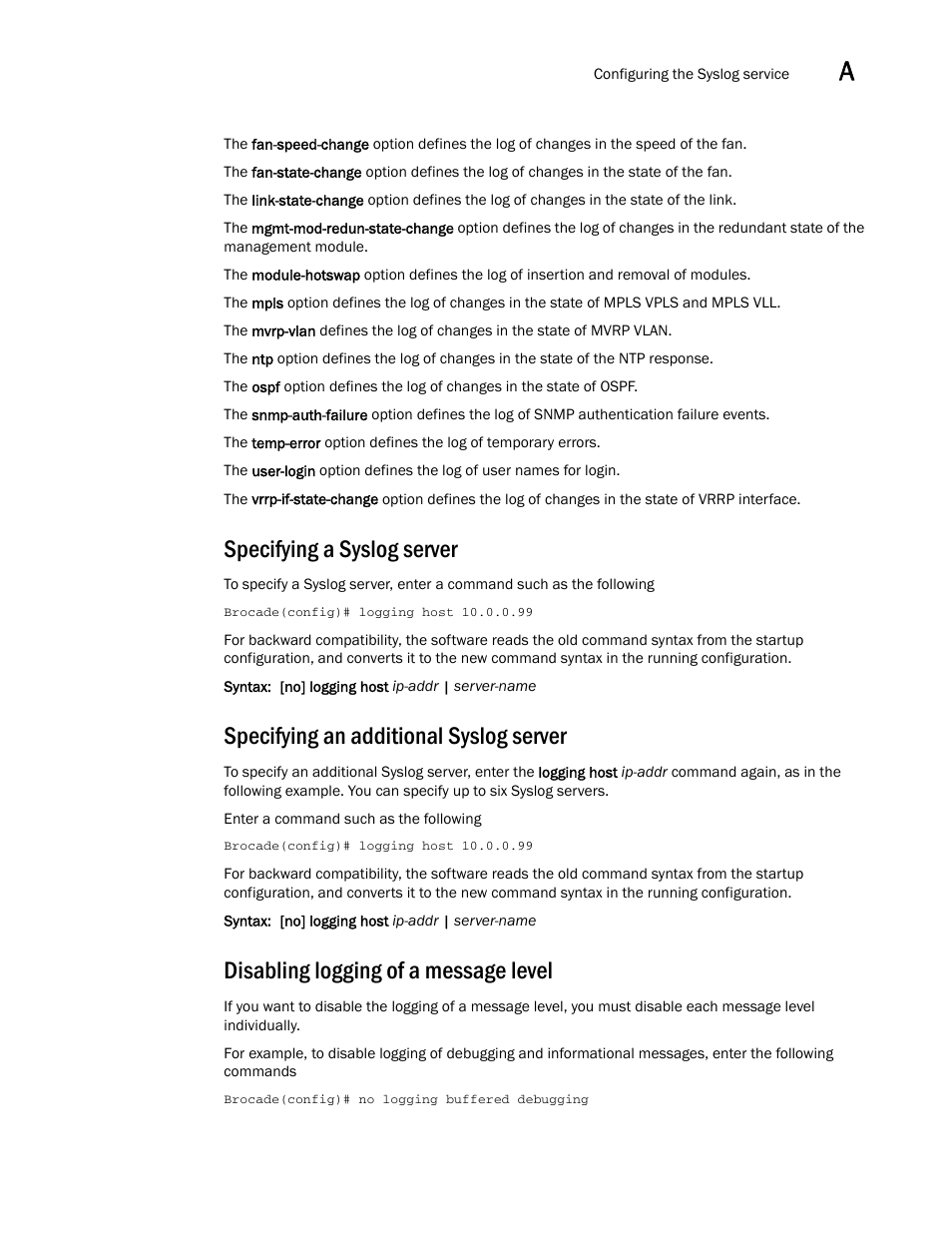 Specifying a syslog server, Specifying an additional syslog server, Disabling logging of a message level | Disabling logging of a message, Level | Brocade Multi-Service IronWare Administration Guide (Supporting R05.6.00) User Manual | Page 355 / 432