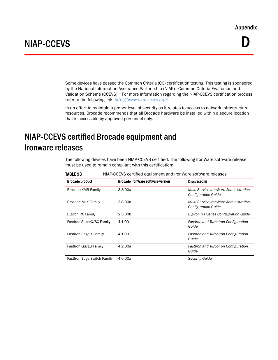 Niap-ccevs, Appendix d, Appendix | Brocade Multi-Service IronWare Administration Guide (Supporting R05.6.00) User Manual | Page 407 / 432
