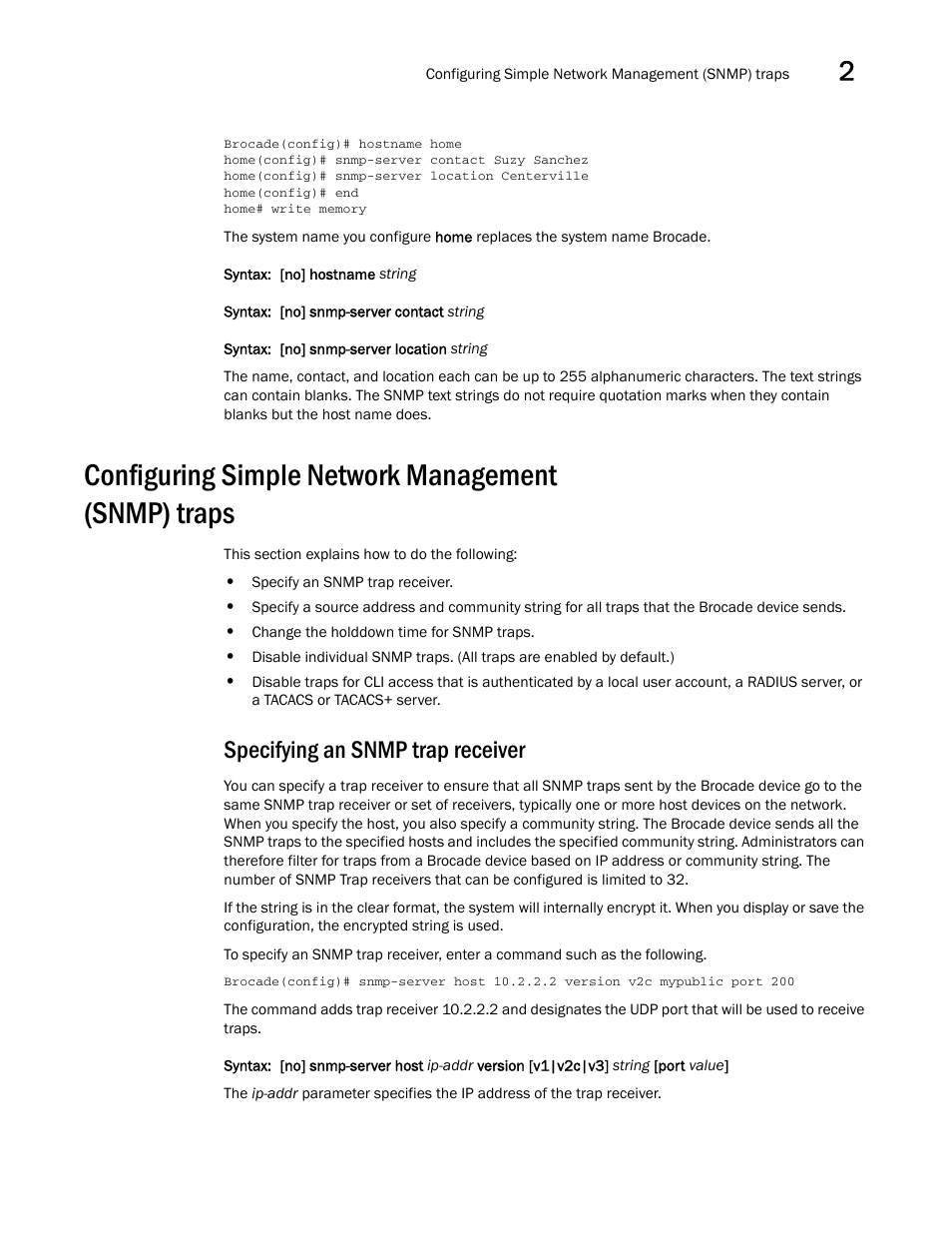 Configuring simple network management (snmp) traps, Specifying an snmp trap receiver | Brocade Multi-Service IronWare Administration Guide (Supporting R05.6.00) User Manual | Page 41 / 432