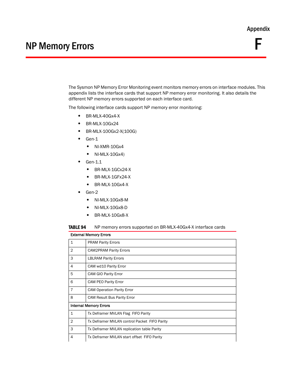 Np memory errors, Appendix f, Appendix f, “np memory errors | Appendix | Brocade Multi-Service IronWare Administration Guide (Supporting R05.6.00) User Manual | Page 415 / 432