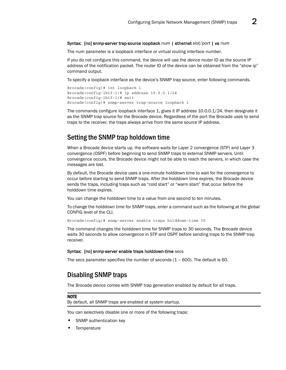 Setting the snmp trap holddown time, Disabling snmp traps | Brocade Multi-Service IronWare Administration Guide (Supporting R05.6.00) User Manual | Page 43 / 432