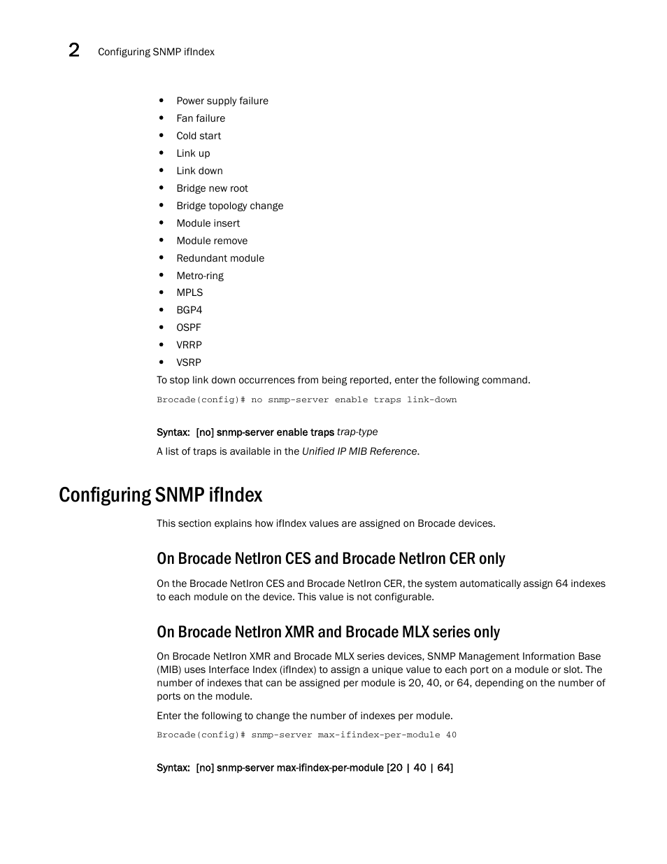 Configuring snmp ifindex, On brocade netiron xmr and brocade mlx series only | Brocade Multi-Service IronWare Administration Guide (Supporting R05.6.00) User Manual | Page 44 / 432