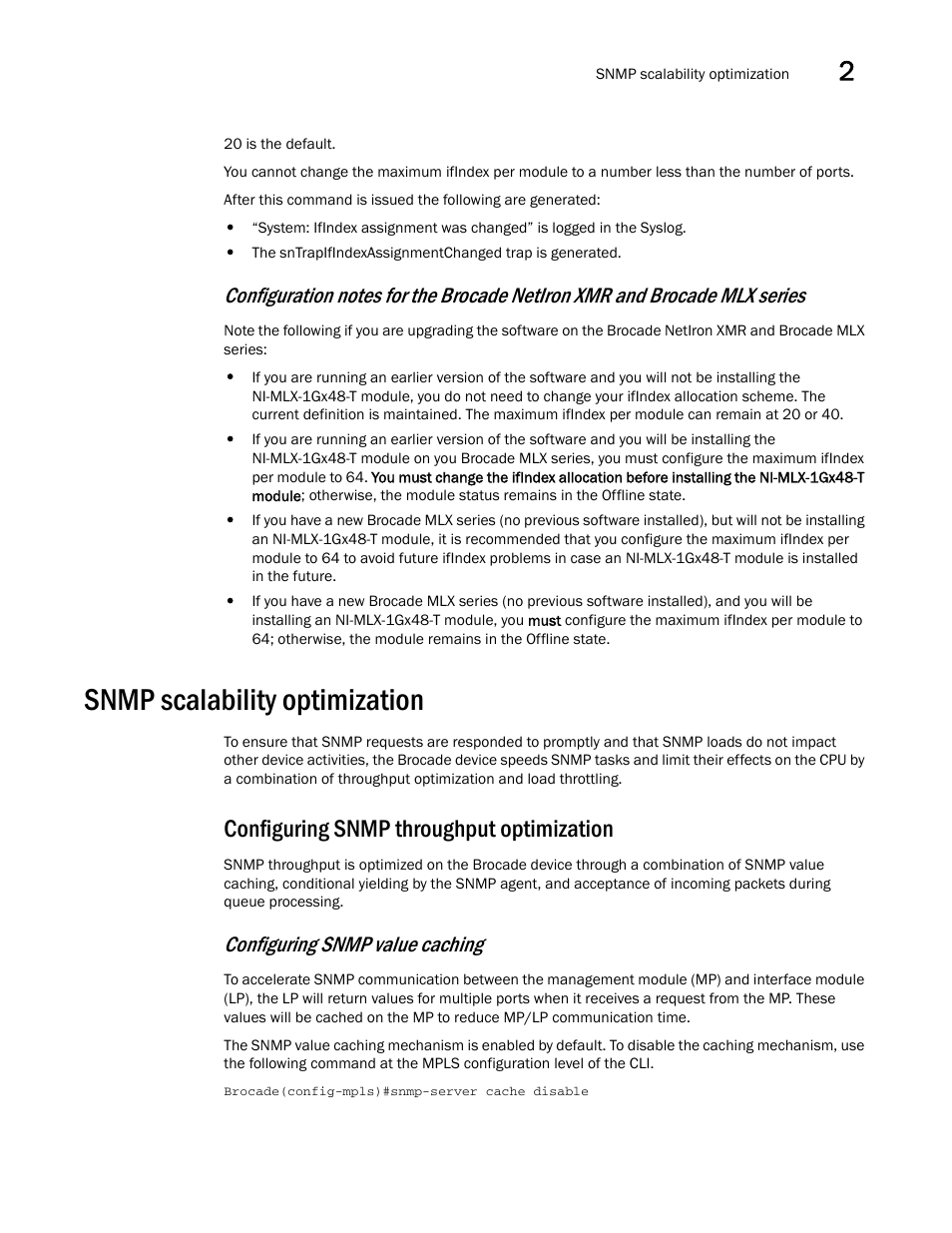 Snmp scalability optimization, Configuring snmp throughput optimization, Configuring snmp value caching | Brocade Multi-Service IronWare Administration Guide (Supporting R05.6.00) User Manual | Page 45 / 432