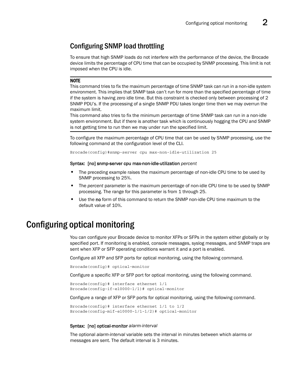 Configuring snmp load throttling, Configuring optical monitoring | Brocade Multi-Service IronWare Administration Guide (Supporting R05.6.00) User Manual | Page 47 / 432