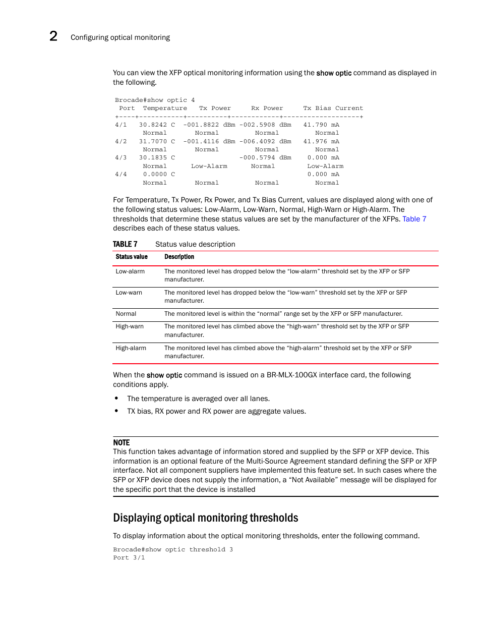 Displaying optical monitoring thresholds | Brocade Multi-Service IronWare Administration Guide (Supporting R05.6.00) User Manual | Page 48 / 432