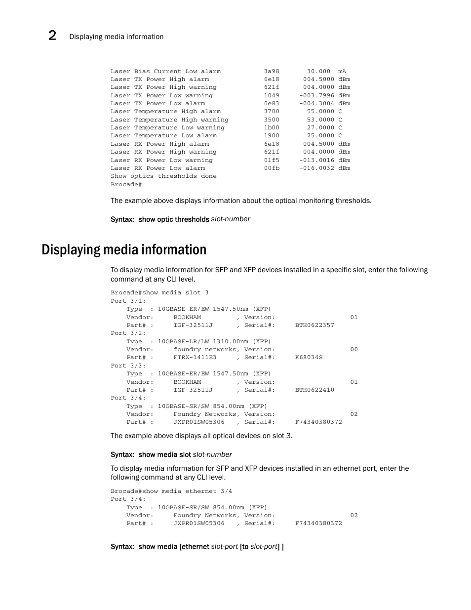 Displaying media information | Brocade Multi-Service IronWare Administration Guide (Supporting R05.6.00) User Manual | Page 50 / 432