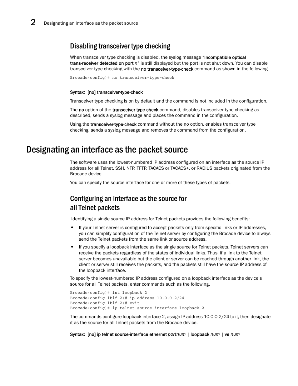 Disabling transceiver type checking, Designating an interface as the packet source | Brocade Multi-Service IronWare Administration Guide (Supporting R05.6.00) User Manual | Page 52 / 432