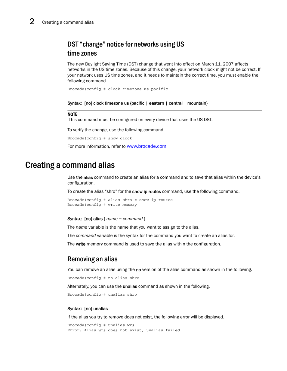 Creating a command alias, Removing an alias | Brocade Multi-Service IronWare Administration Guide (Supporting R05.6.00) User Manual | Page 56 / 432
