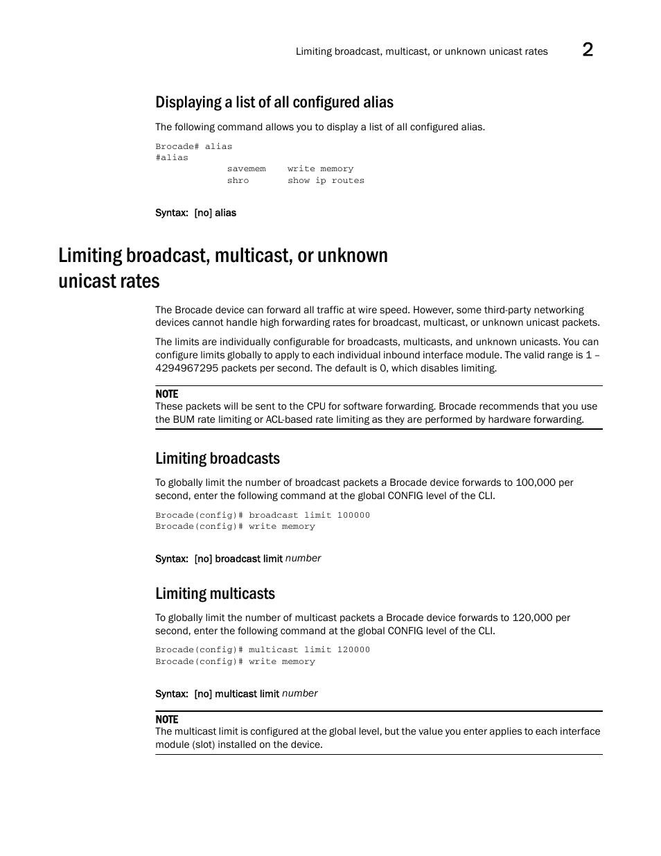 Displaying a list of all configured alias, Limiting broadcasts, Limiting multicasts | Brocade Multi-Service IronWare Administration Guide (Supporting R05.6.00) User Manual | Page 57 / 432